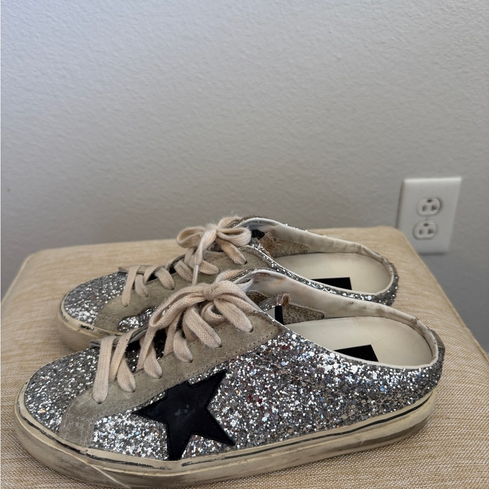 Golden Goose Silver Glitter Sneakers with Black Accents